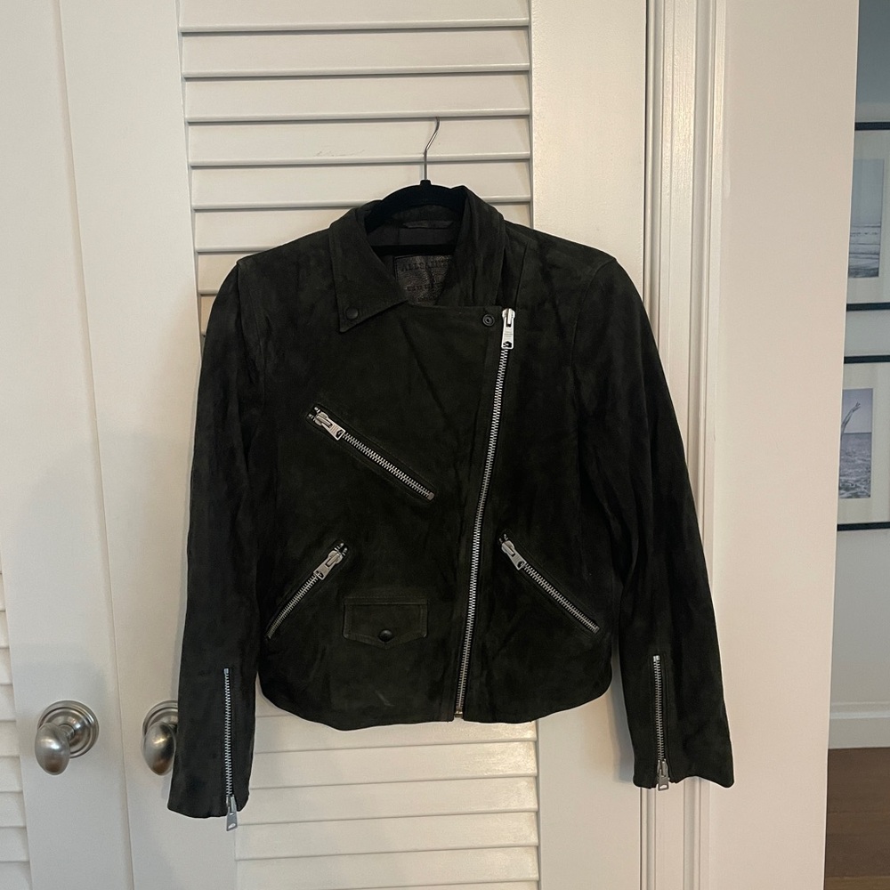 All Saints Dark Olive Green Suede Jacket - Size 8
